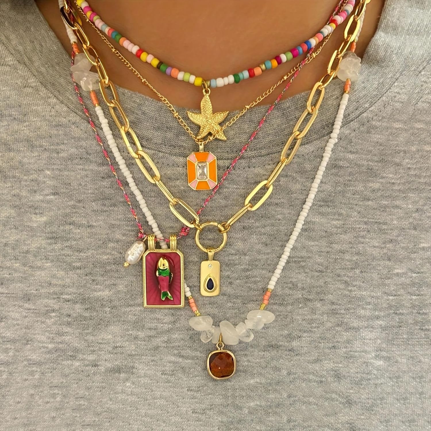 Pendant Necklace Set Bohemian Style Beaded Fish Star 5 Layered Collarbone Chain,