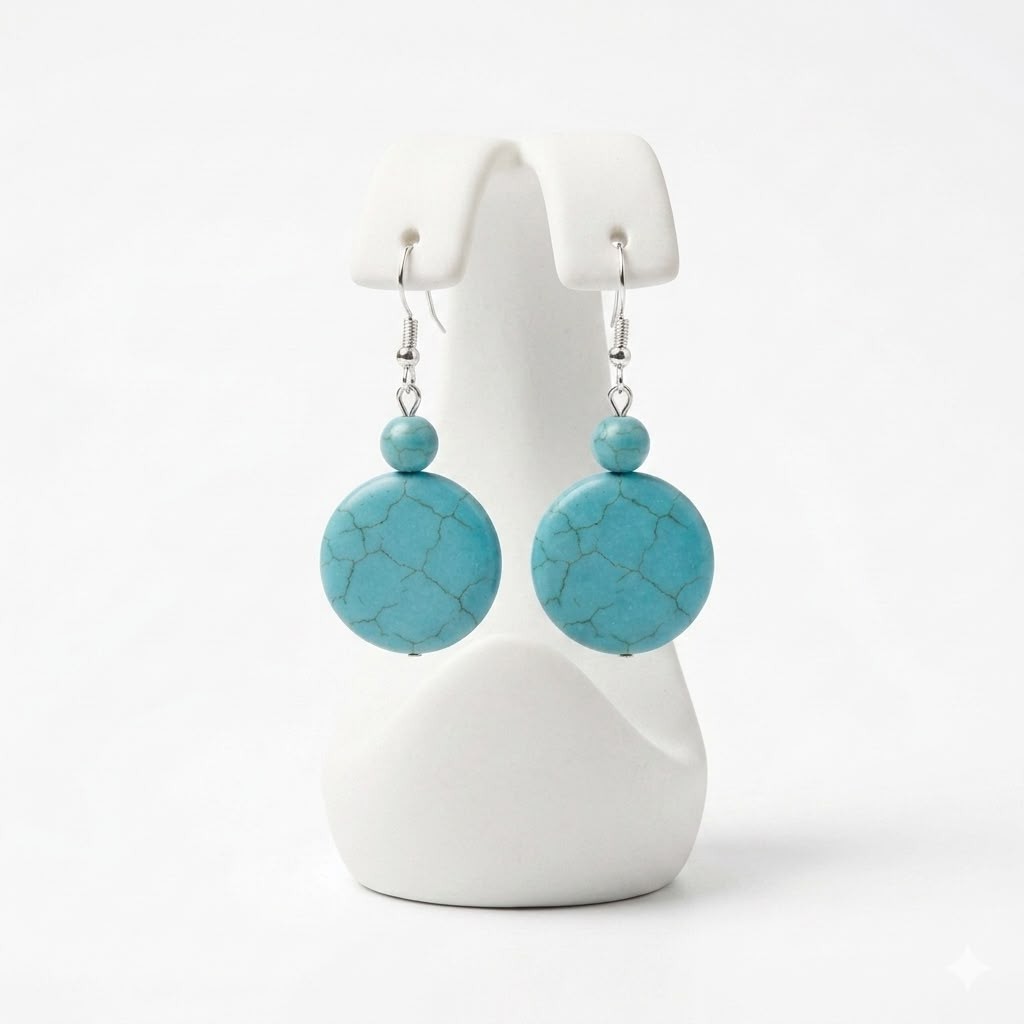 Women’s turquoise hoop earrings, stainless steel hooks synthetic stone, bohemian