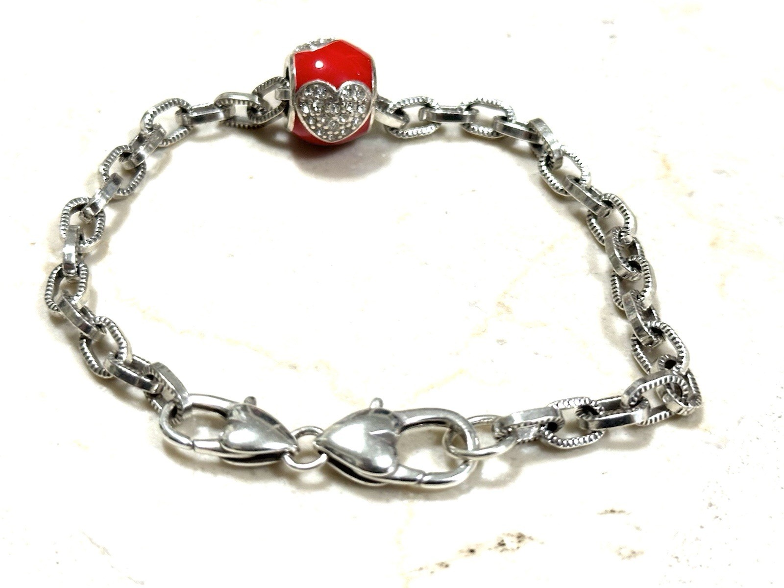 Brighton Charm Bracelet Oval Links Silver Red Crystal Heart Bead Lobster Clasp