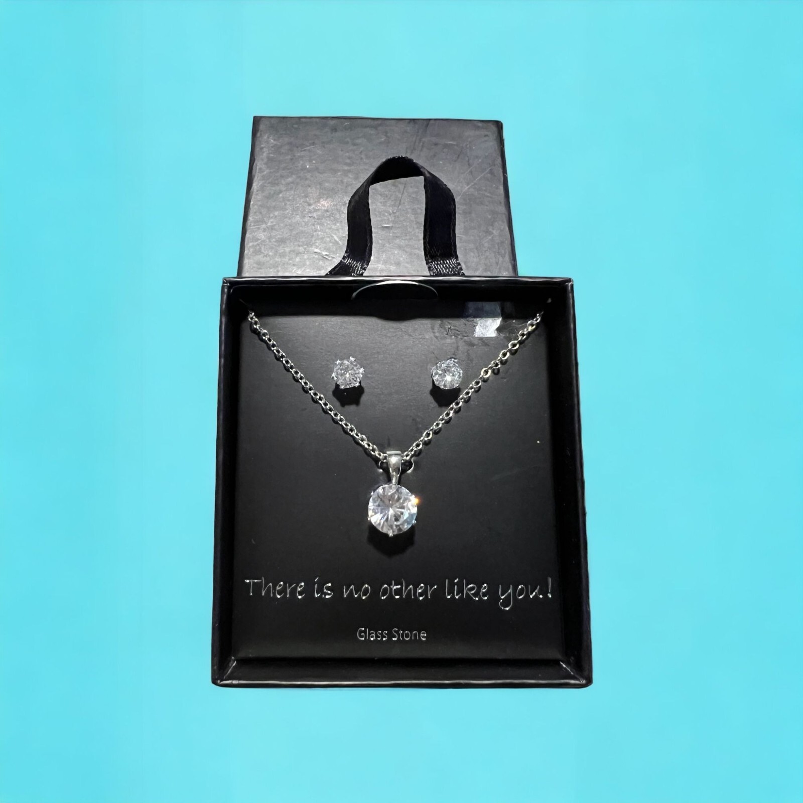 Silver Tone Necklace Earring Set Clear Glass Stone No Other Like You New in Box