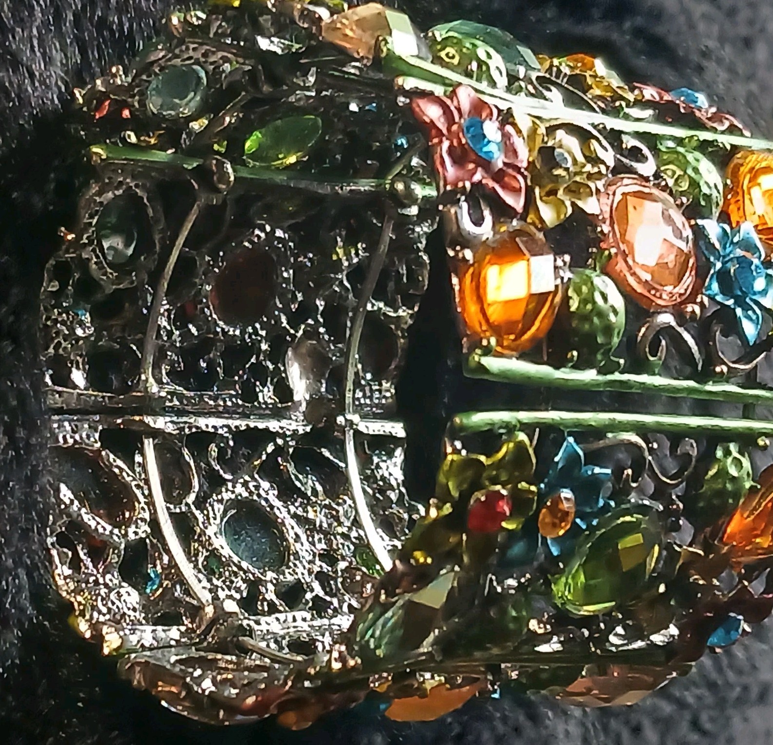 Multicolor Silver Floral Rhinestone, Green Metal Cuff Bracelet