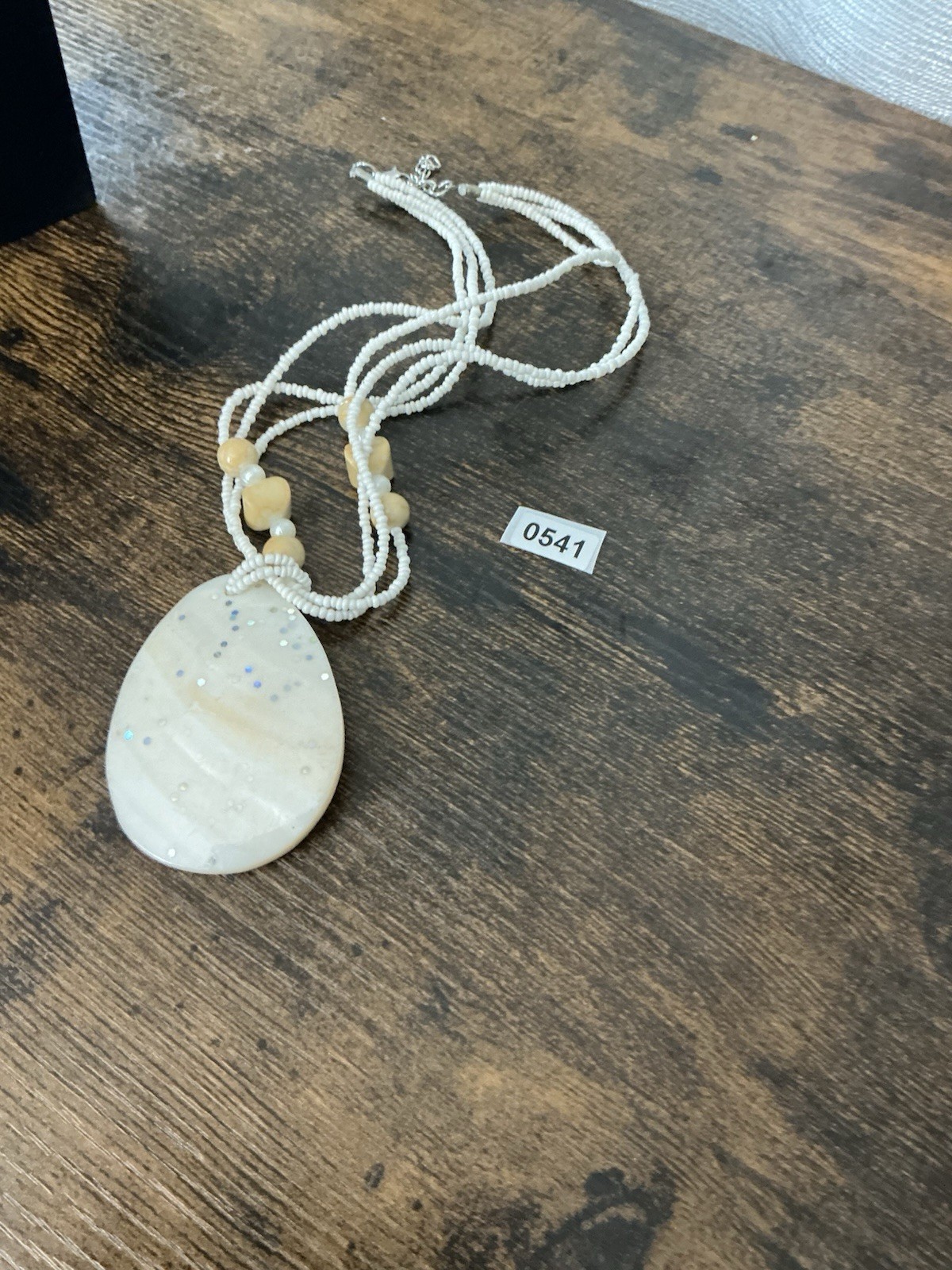 White Shell Beaded Multi-Strand Statement Necklace Teardrop Pendant Adjustable