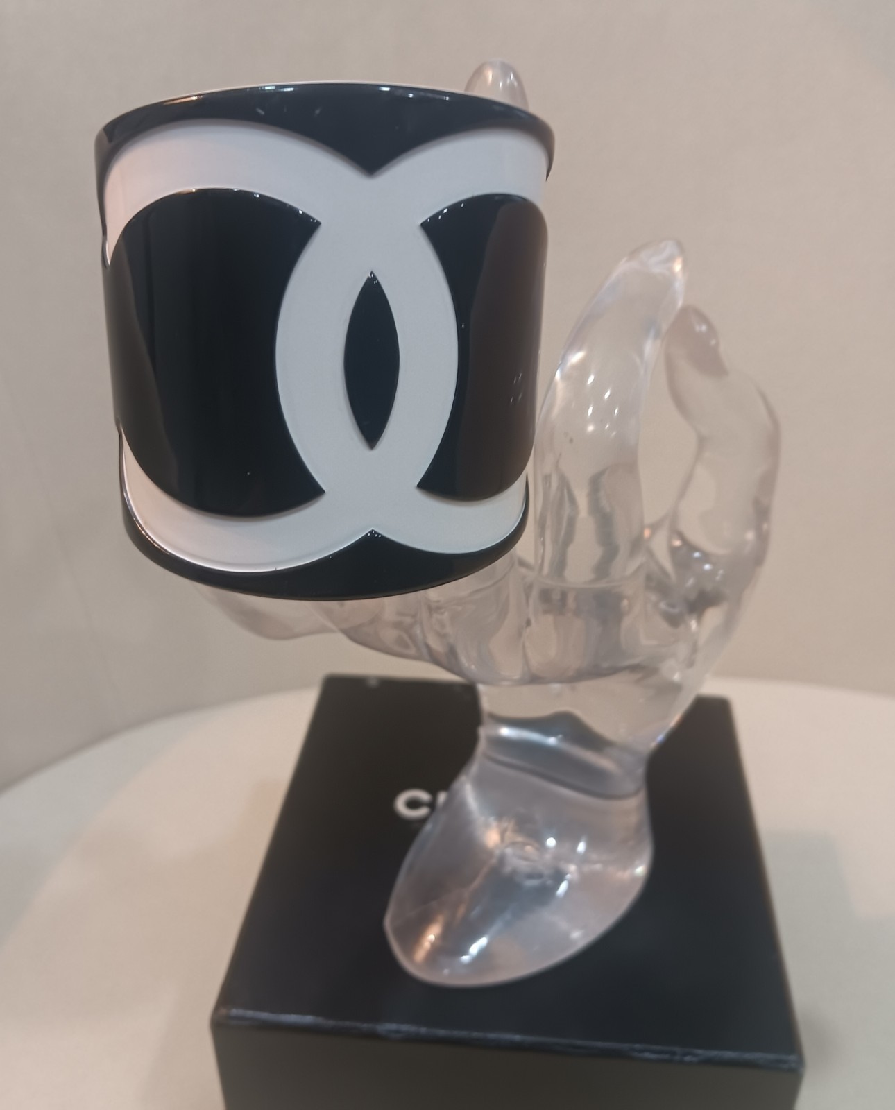 Vintage CHANEL CC Logo Black White Resin Wide Cuff Bracelet With Original Box