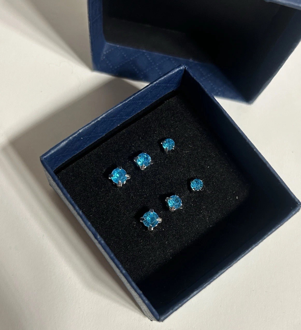 Blue Cubic Zirconia Stud Earrings Silver Plated 3.5mm 4mm 5mm Round Set