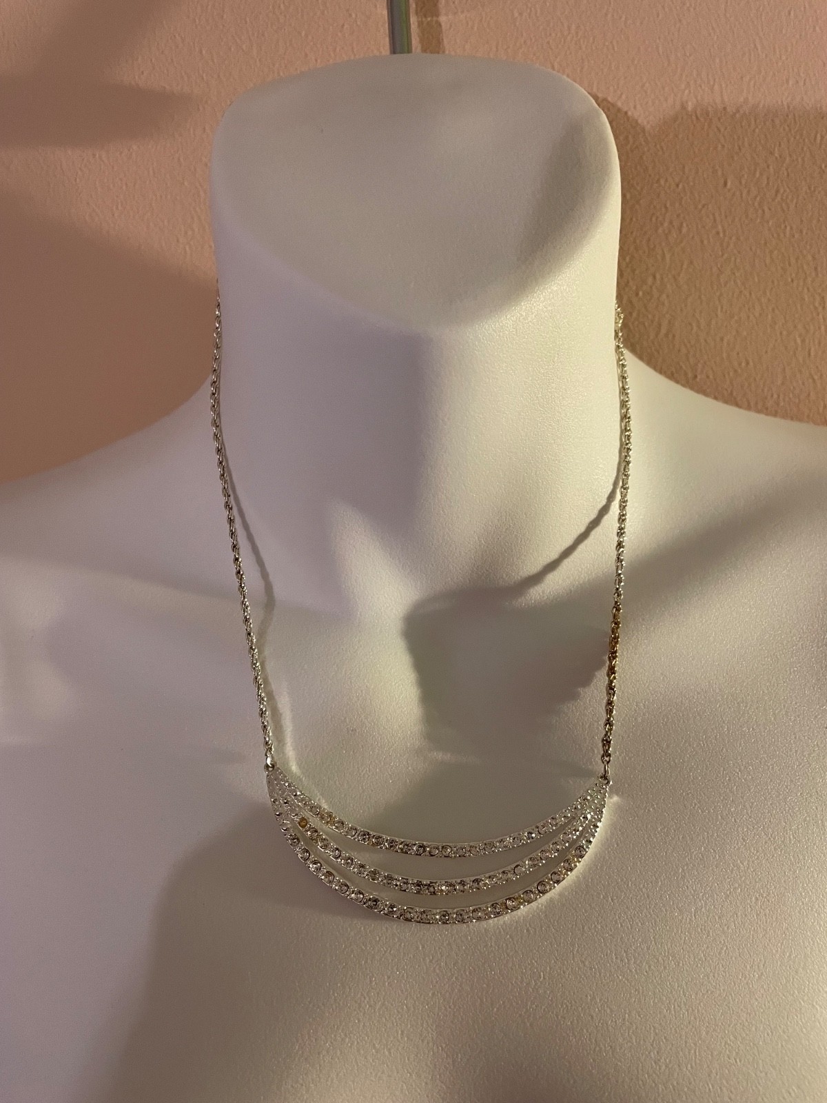 Elegant Station Necklace w/Three Scalloped Rows of Clear Crystal Rhinestones 18″