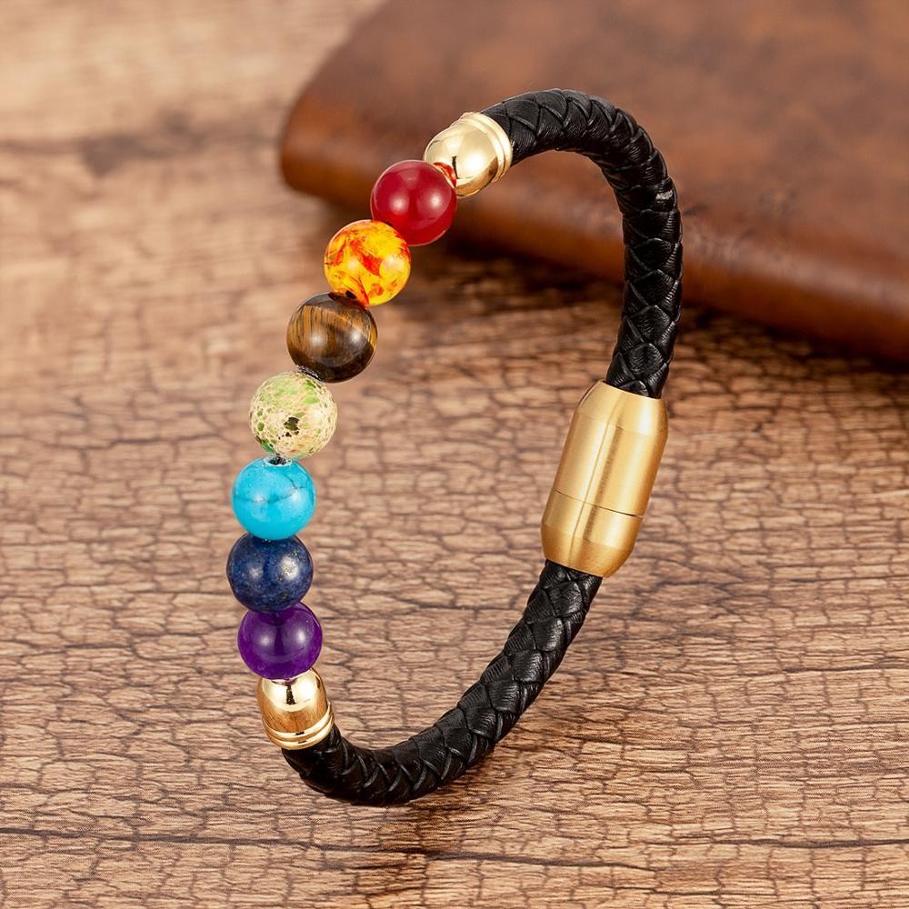 Chakra Bead Stone Bracelet Black Leather Steel Bangle for Men and Women