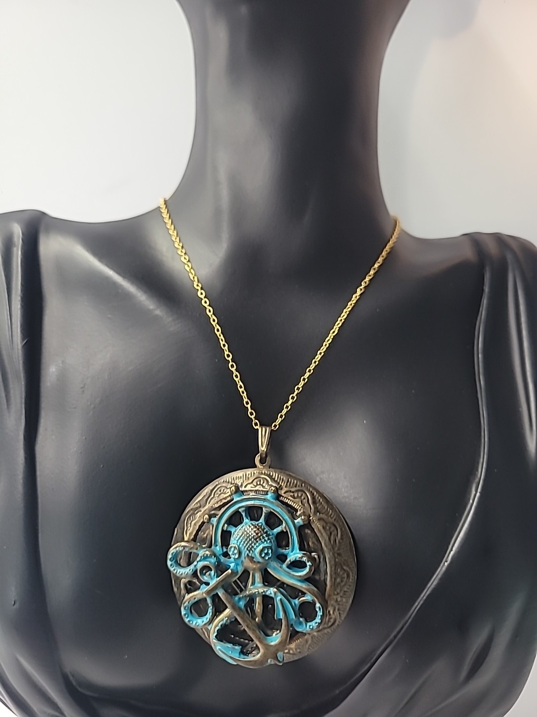 Vintage Octopus pendant Locket Neklace Turquoise Patina Brass Steampunk Nautical