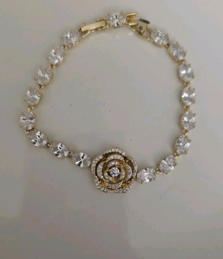 14k Gold Plated Clear Prong-Set Oval Crystal Tennis Bracelet w/ Rose Charm, Box
