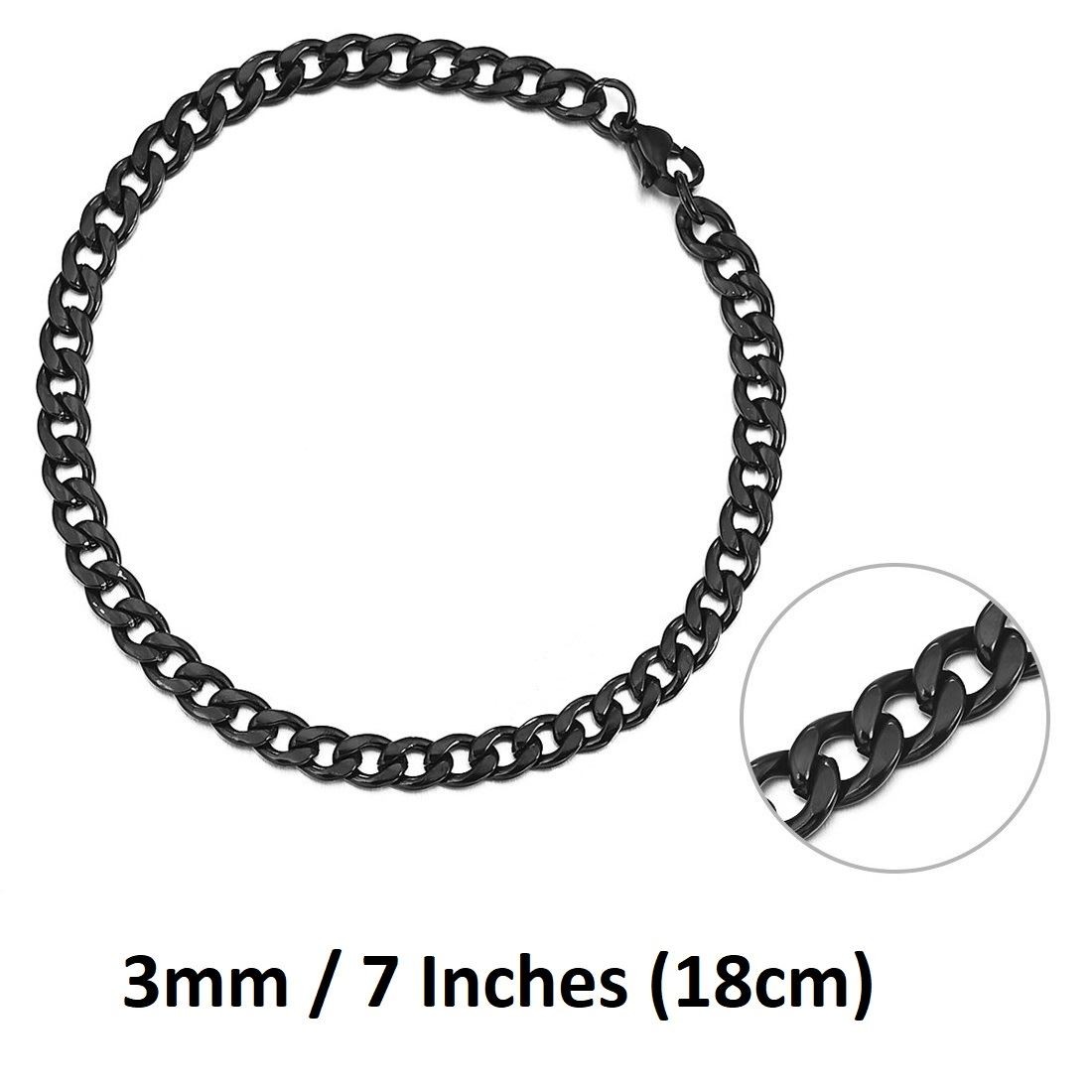 *UK Shop* STAINLESS STEEL BRACELET 3MM 7 INCH / 18CM BLACK CURB MENS CUBAN CHAIN