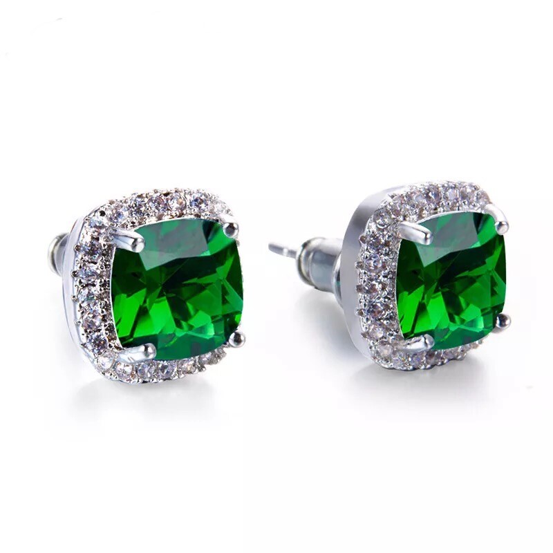 ZARD Halo Stud Earrings in Cushion-Cut Green Cubic Zirconia and Sterling Silver