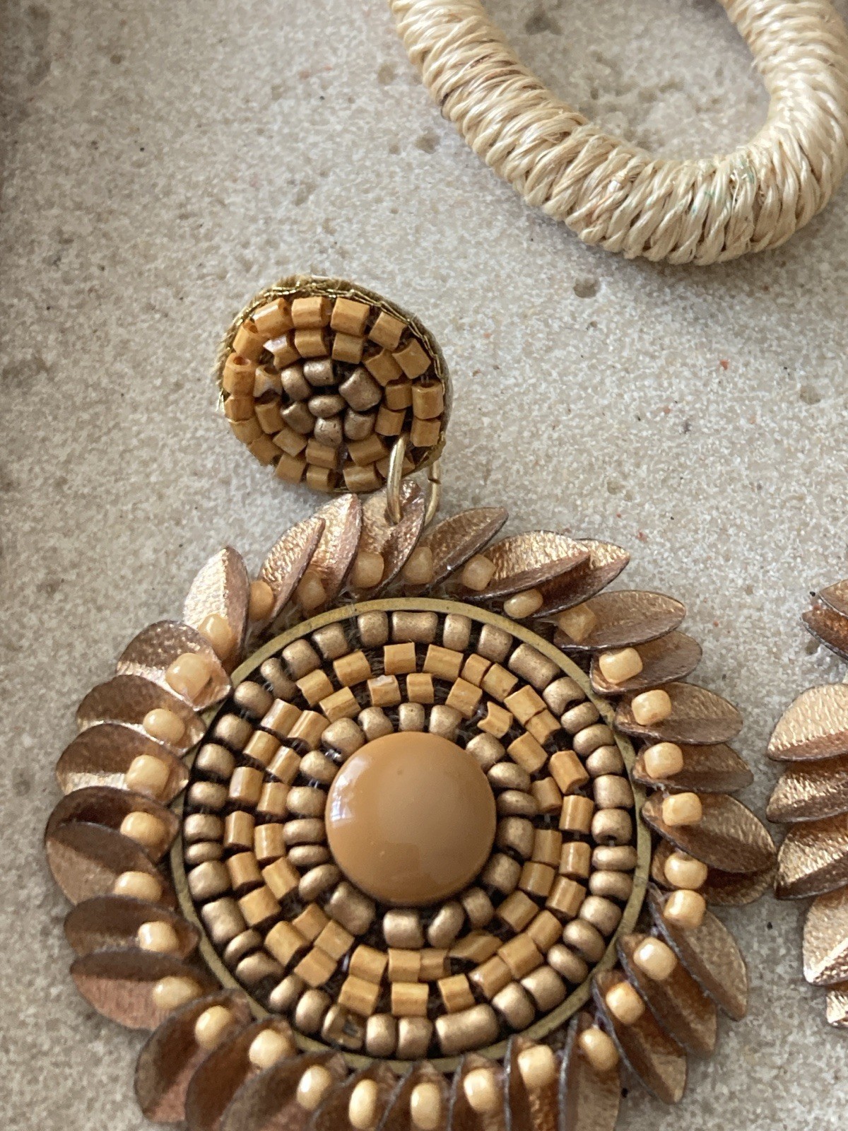 Earthy Boho Earrings Set Of 2 Pair Raffia Hoop Beaded Statement Natural Brown
