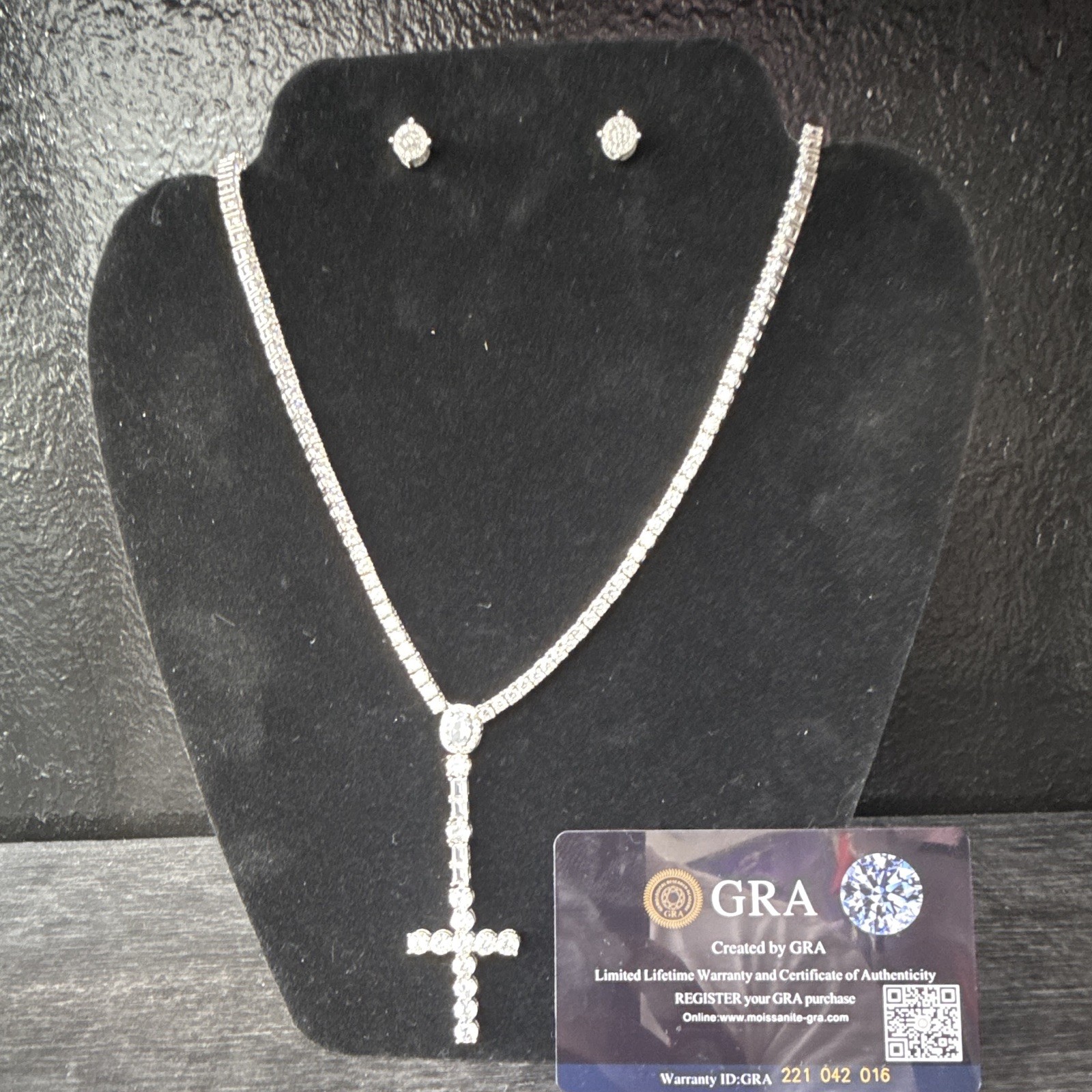 GRA Silver Tone Tennis Chain Cross Charm Pendant Necklace White Crystal