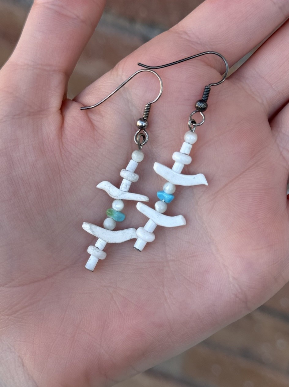 White Bone Beaded Dangle Drop Earrings w/ Blue Green Accents