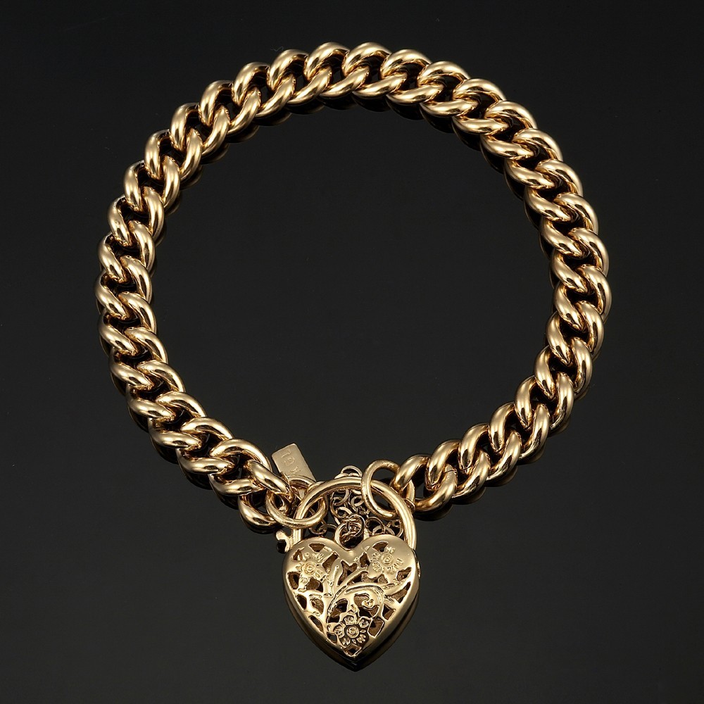 18K GL Solid Curb Gold Bracelet with Filigree Heart Padlock