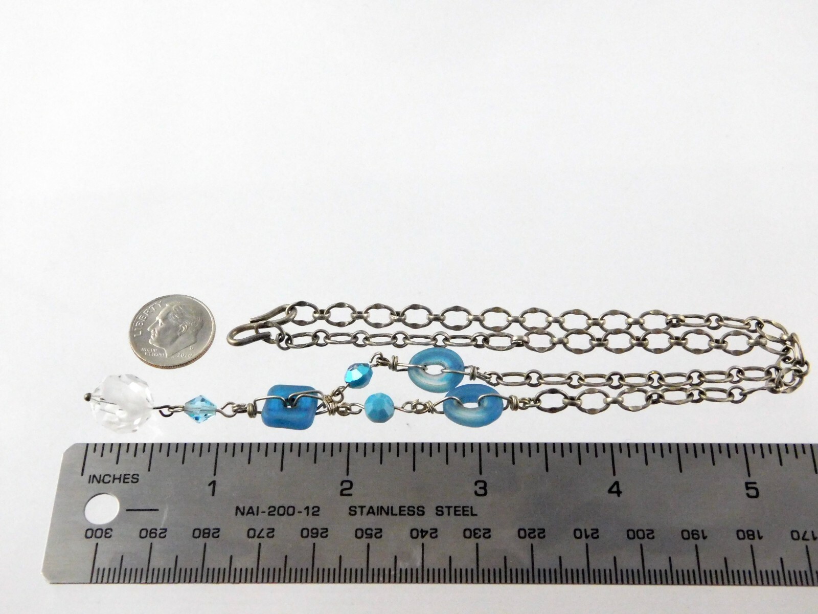 Silver Tone Metal and Art Glass Beaded Pendant Necklace Hook Clasp 17.5 Inches