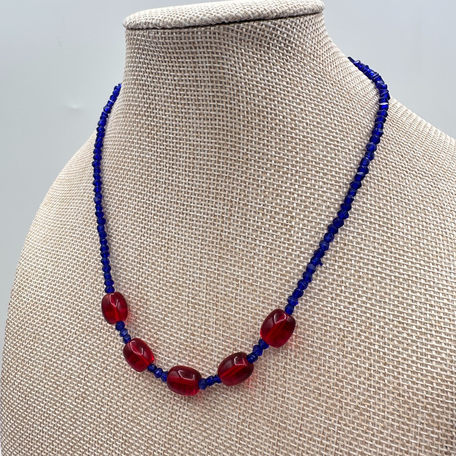 Vintage 70s Blue Seed Beads Necklace Red Glass Barrel Beads Statement Jewelry