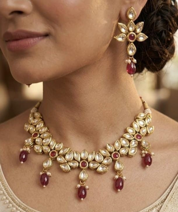 Kundan Pearl Ruby Red Bridal Necklace Set Gold Plated Wedding Jewelry Women