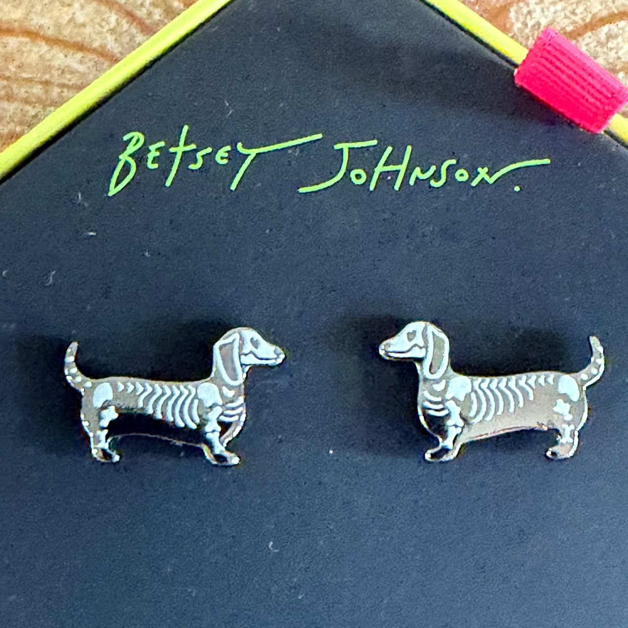 Betsey Johnson Halloween Silver Dachshund Dog Skeleton Stud Earrings Doxie NEW