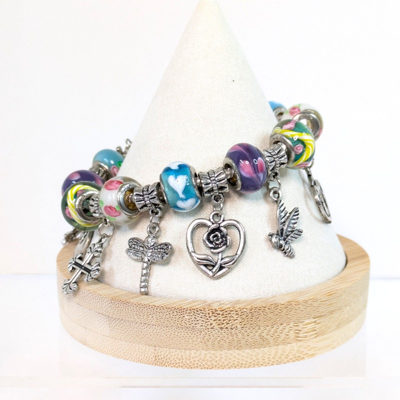 Murano Style Glass Bead Charm Slide Bracelet 6.5″-8.5″ Cross Heart Dragonfly