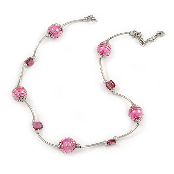 Pink Shell and Glass Bead Necklace In Silver Tone Metal – 42cm L/ 5cm Ext