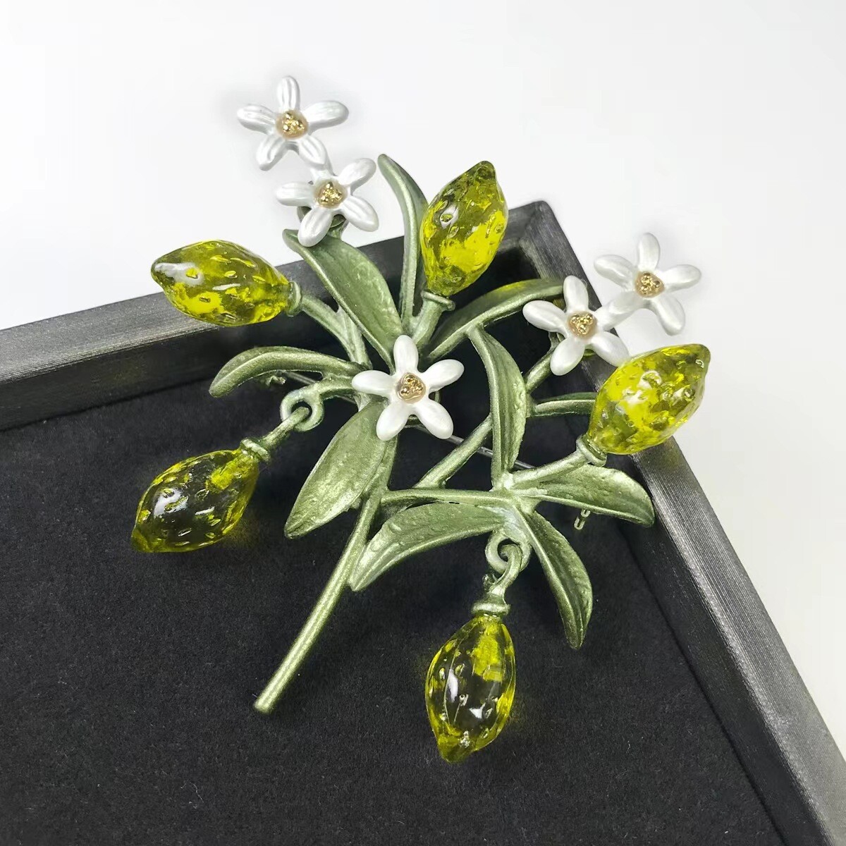 women vintage green plant flower brooch crystal fruit pins jewelry