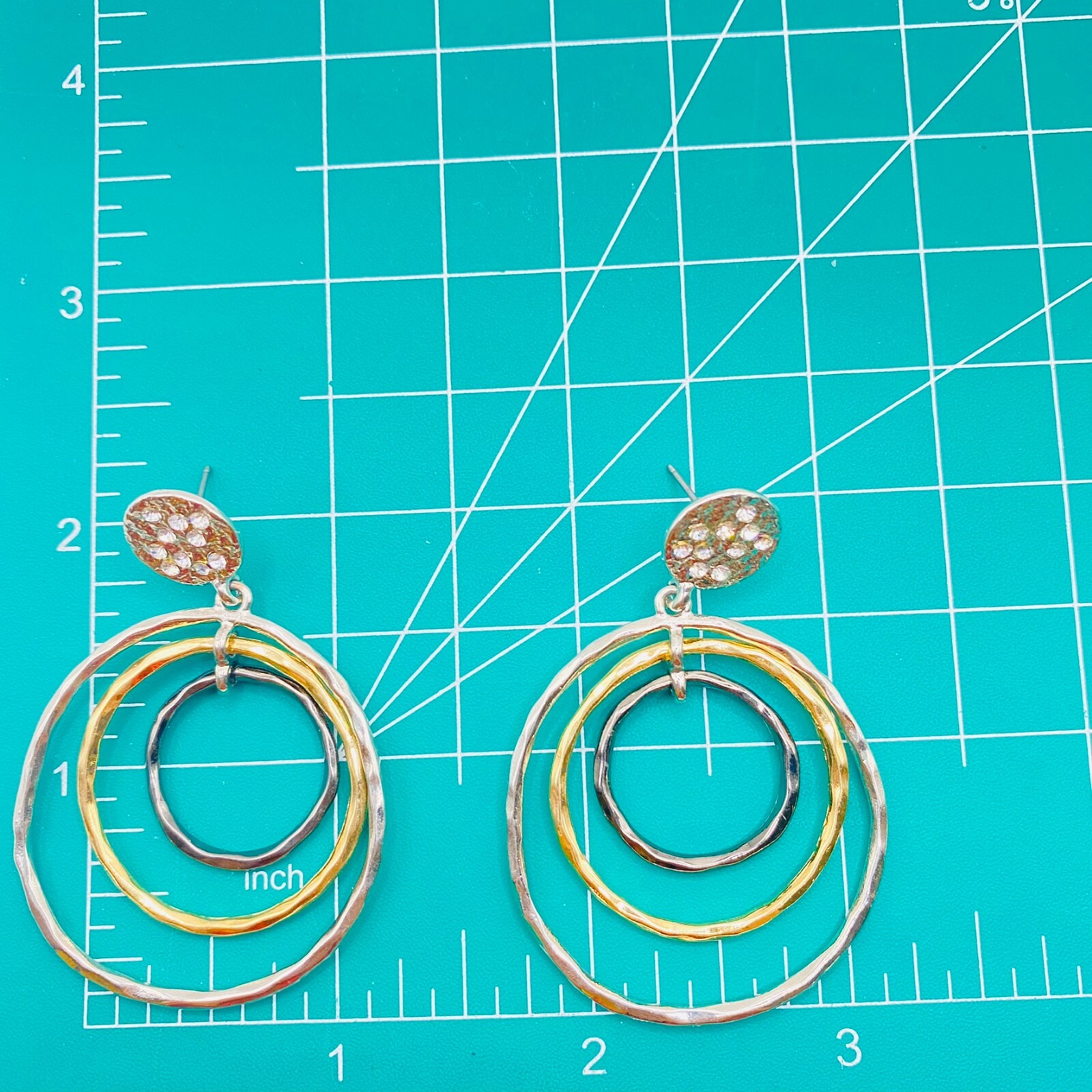 Two Tone Silver Tone Gold Tone Concentric Circle Hoop Stud Earrings Approx 1.5”