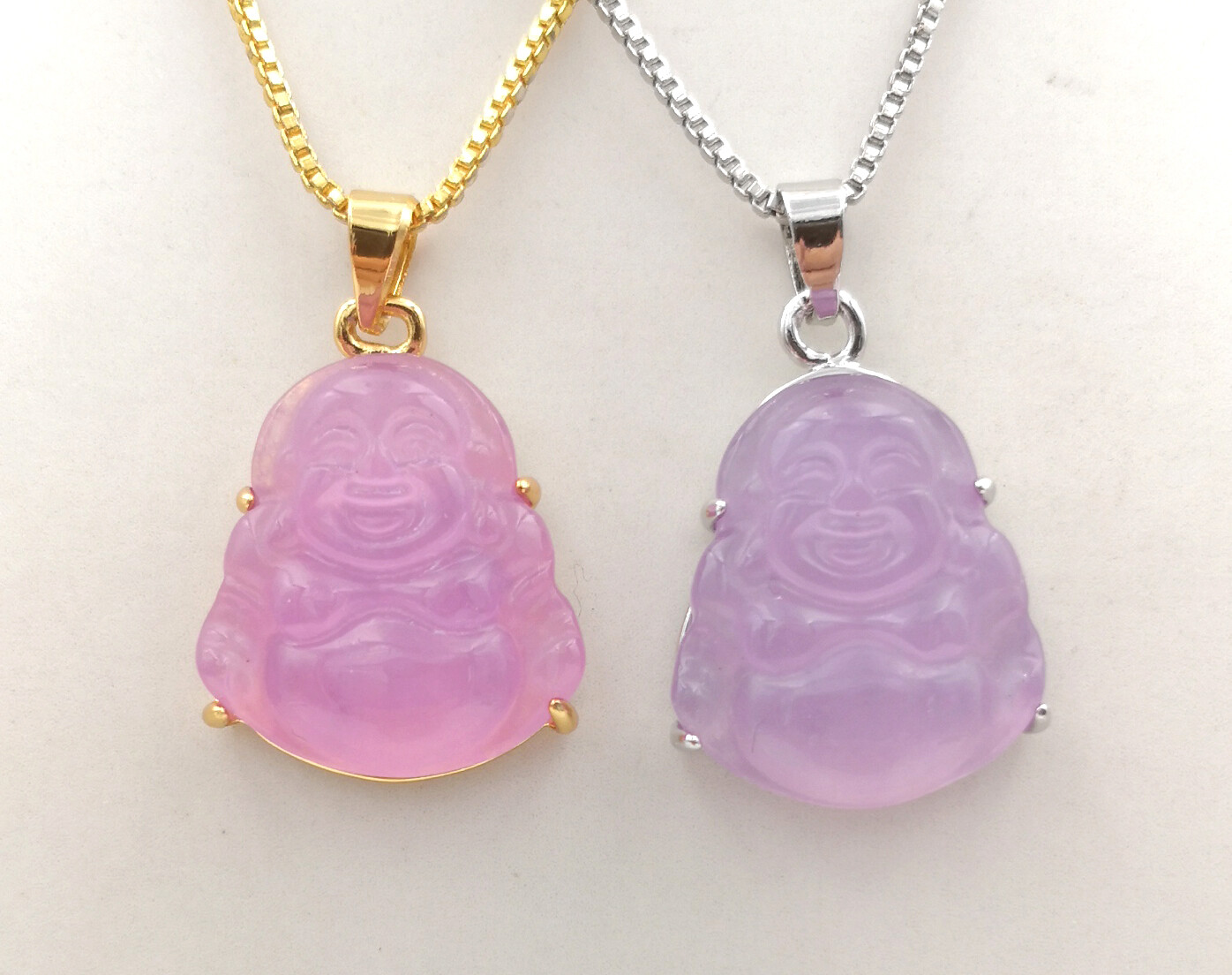 Green Multicolor Jade Laugh Maitreya Buddha 18KGP Lettering Pendant Necklace