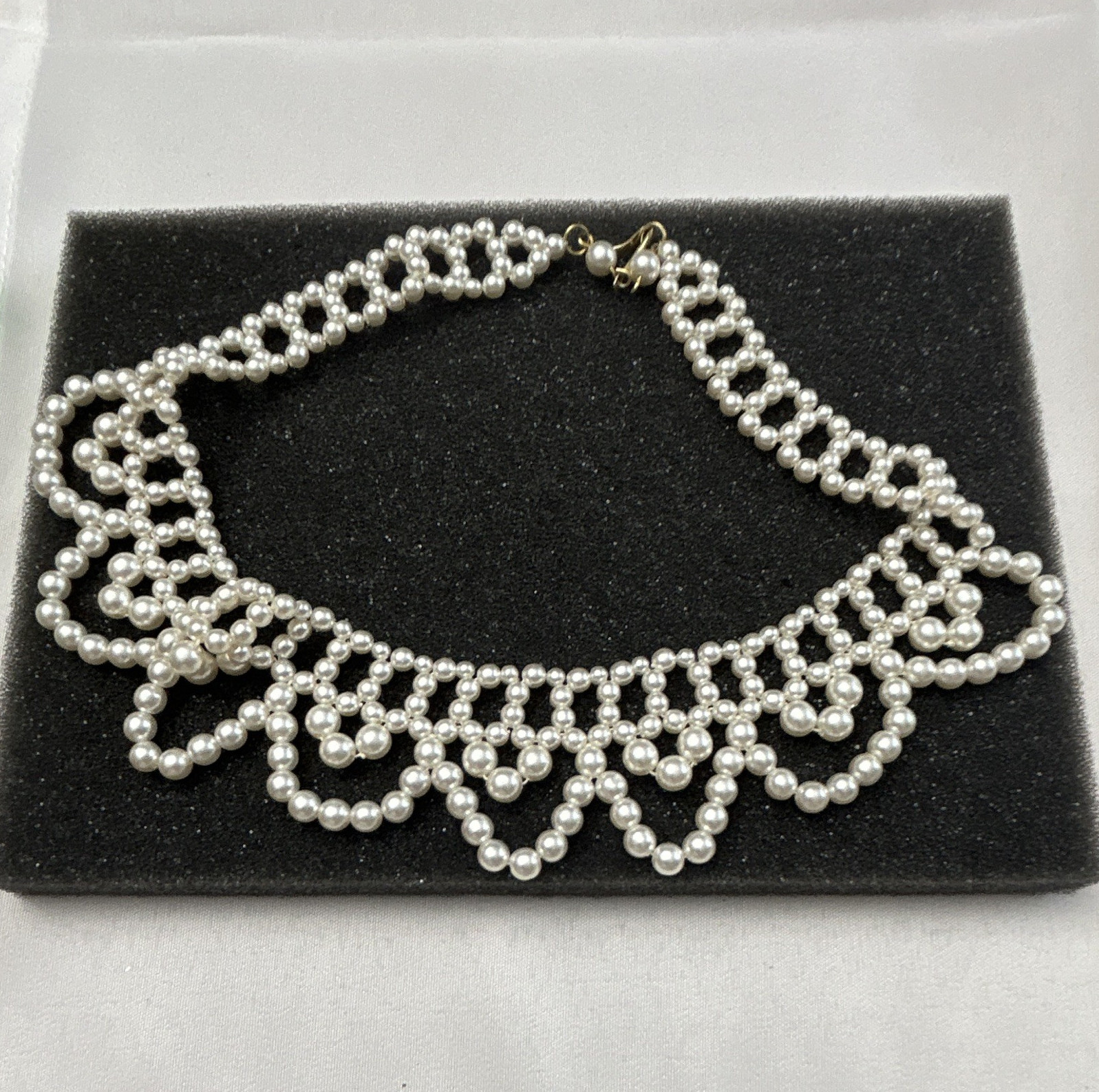 Imitation Pearl Beaded Bib Statement Necklace White, Hook Clasp