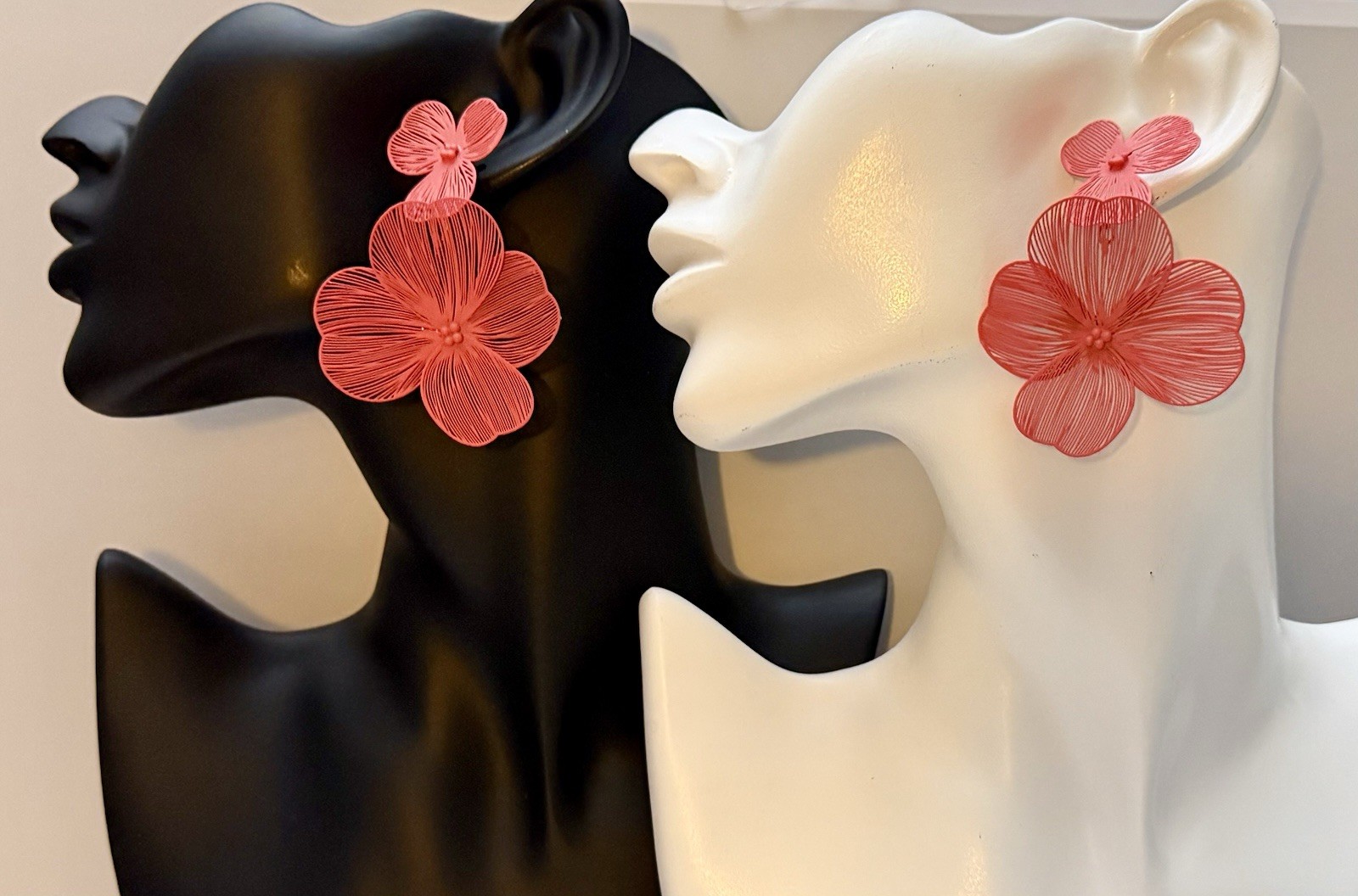 Coral Pink Flower Earrings Double Drop Filigree Statement Laser Cut Metal Boho