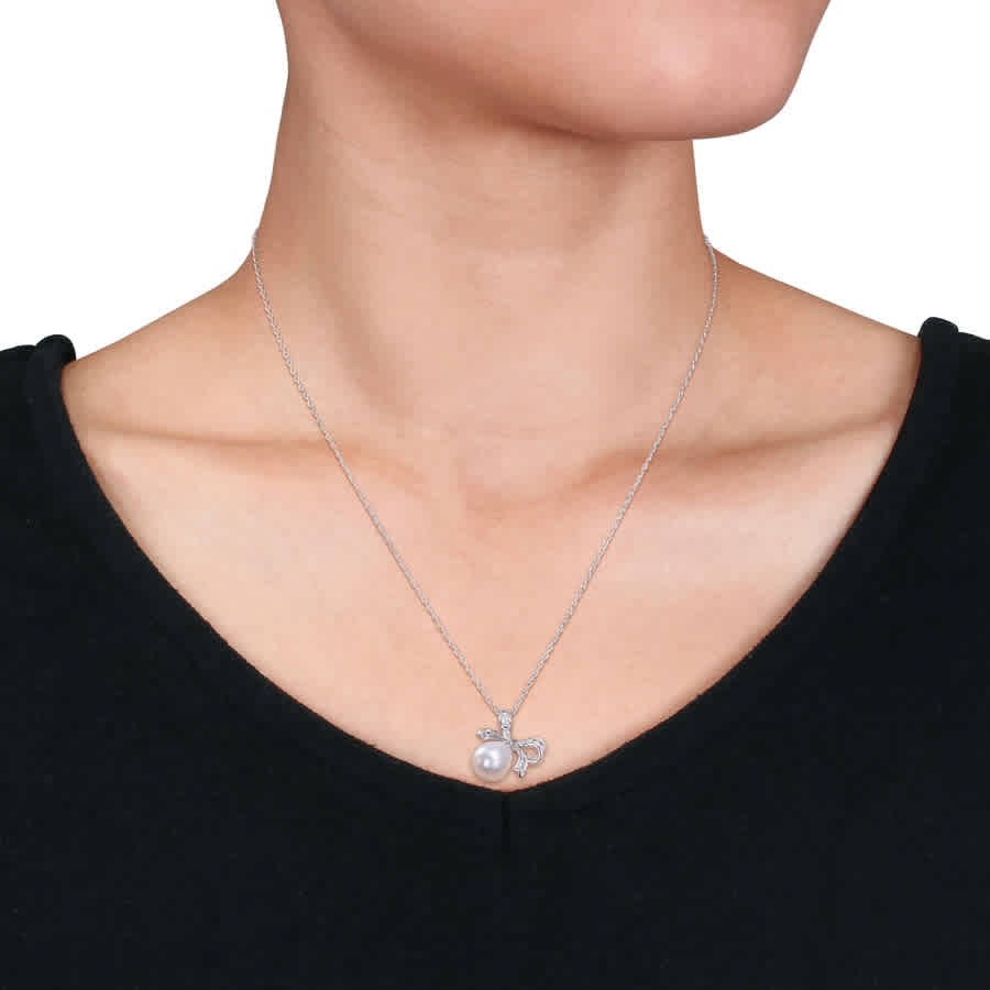 AMOUR 8.5-9mm Freshwater Cultured Pearl and Diamond Accent Bow Pendant with