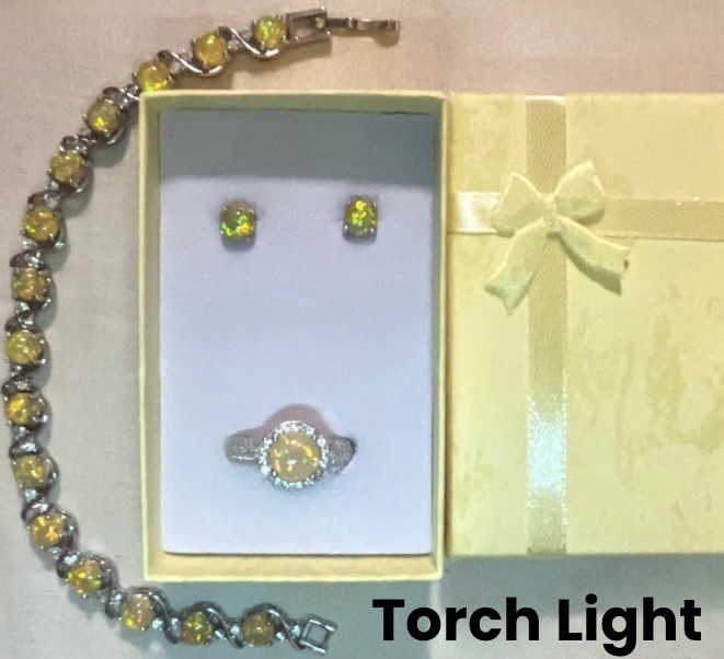 DEAL! Elegant Yellow Fire Opal Earrings, Bracelet, & CZ Halo Ring Size 8 Set