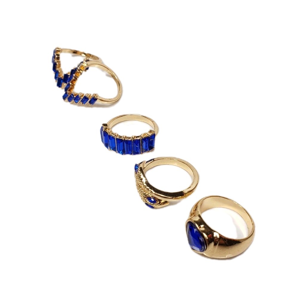 NEW Gold Tone Cobalt Blue Rhinestone Rings Set Size 6.5 7 7.5 8 Lot