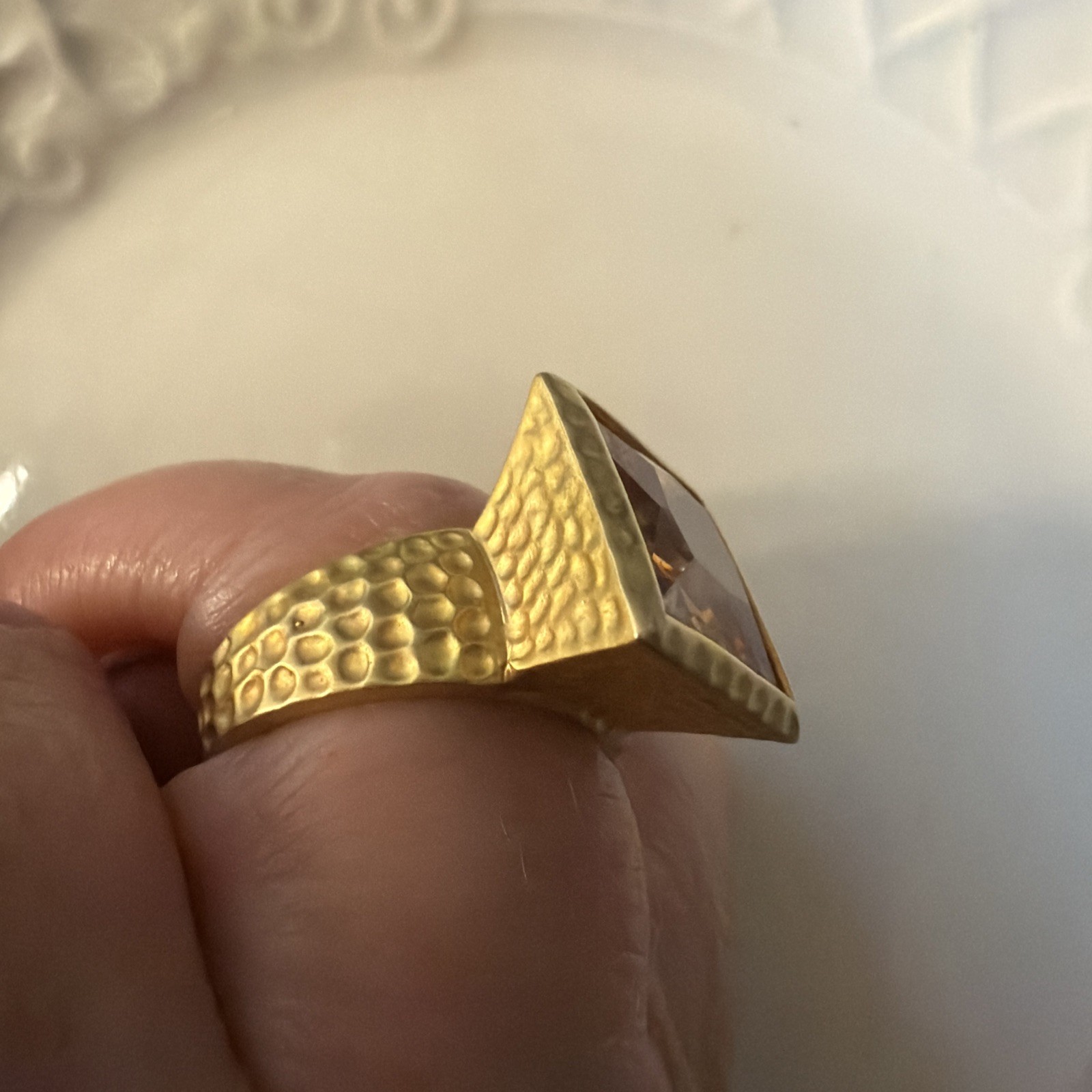 Modernist retro Hammered Statement Ring Princess Cut Citrine Fashion Jewelry