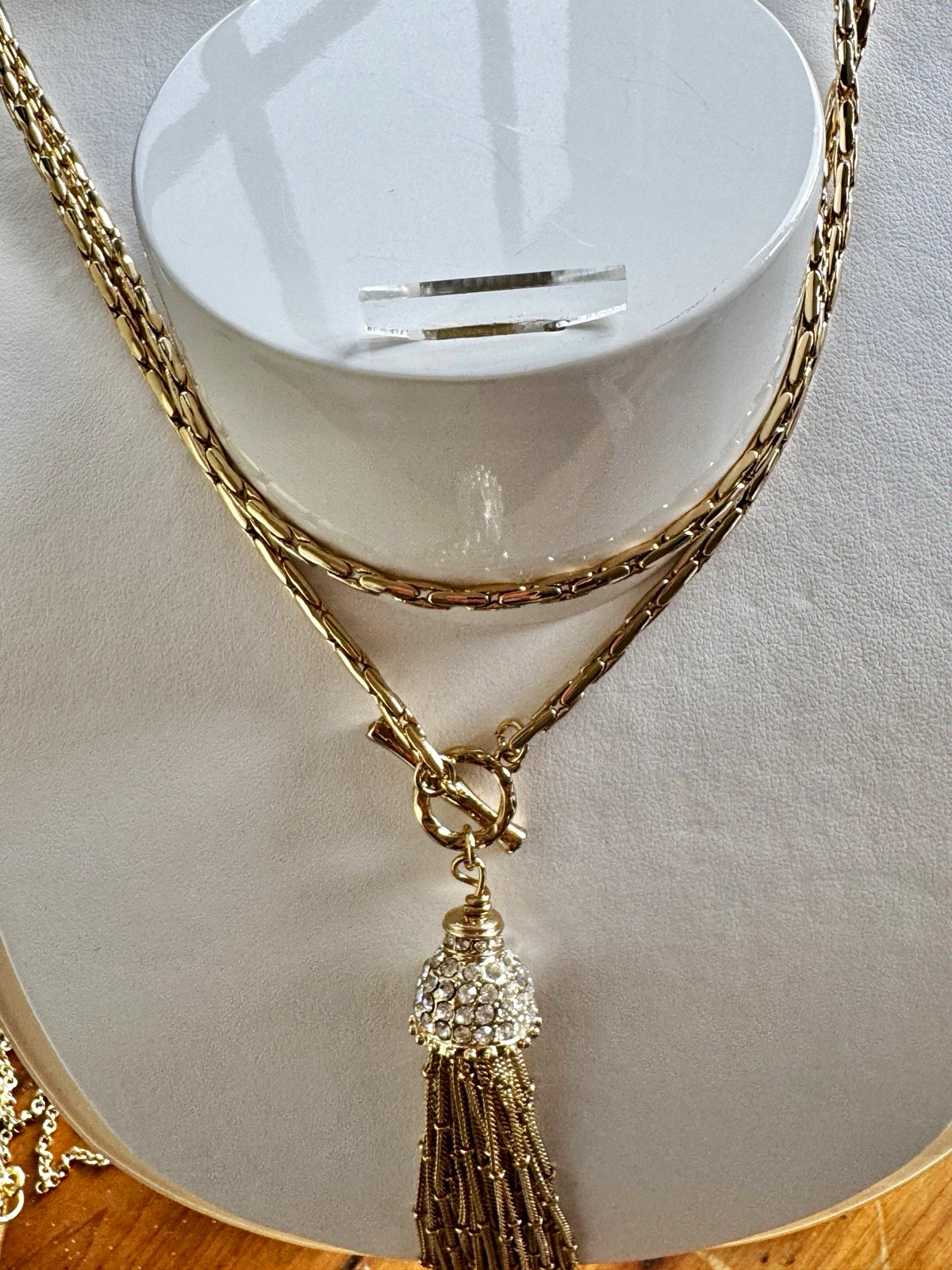 Gold Tone Rope Chain Toggle Necklace Pavé Crystal Rhinestone Tassel Pendant