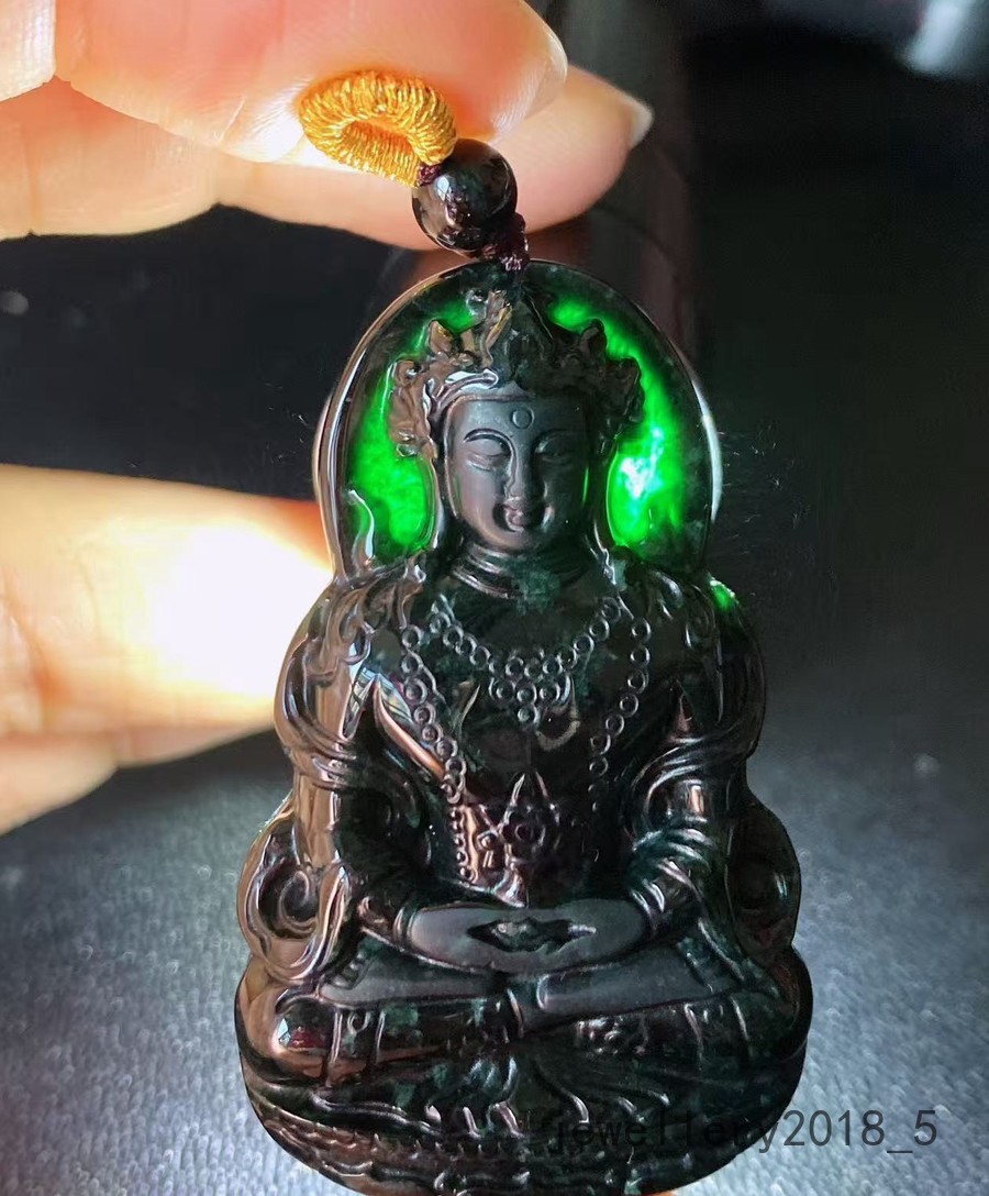 Certified Black Green Burma 100% Natural A jadeite Jade Pendant~Guan Yin 墨翠 渡母观音