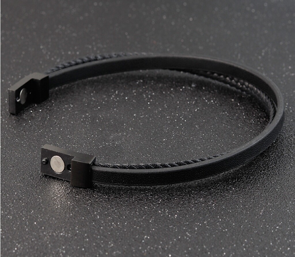 Men’s Women Black Braided 2 Bands Genuine Leather Bracelet Magnetic Bangle 8.2″