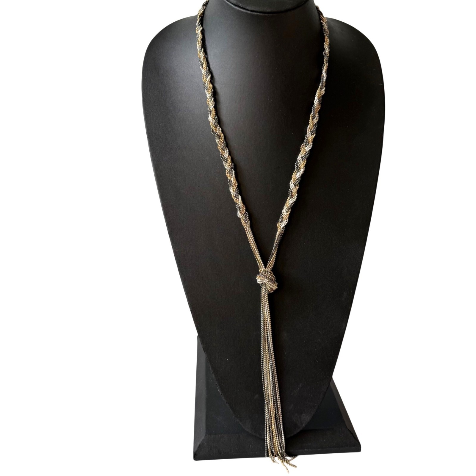 Necklace Lariat Tri-color Braided Beaded Tassel Silver Tone Modern 26-30 Inches