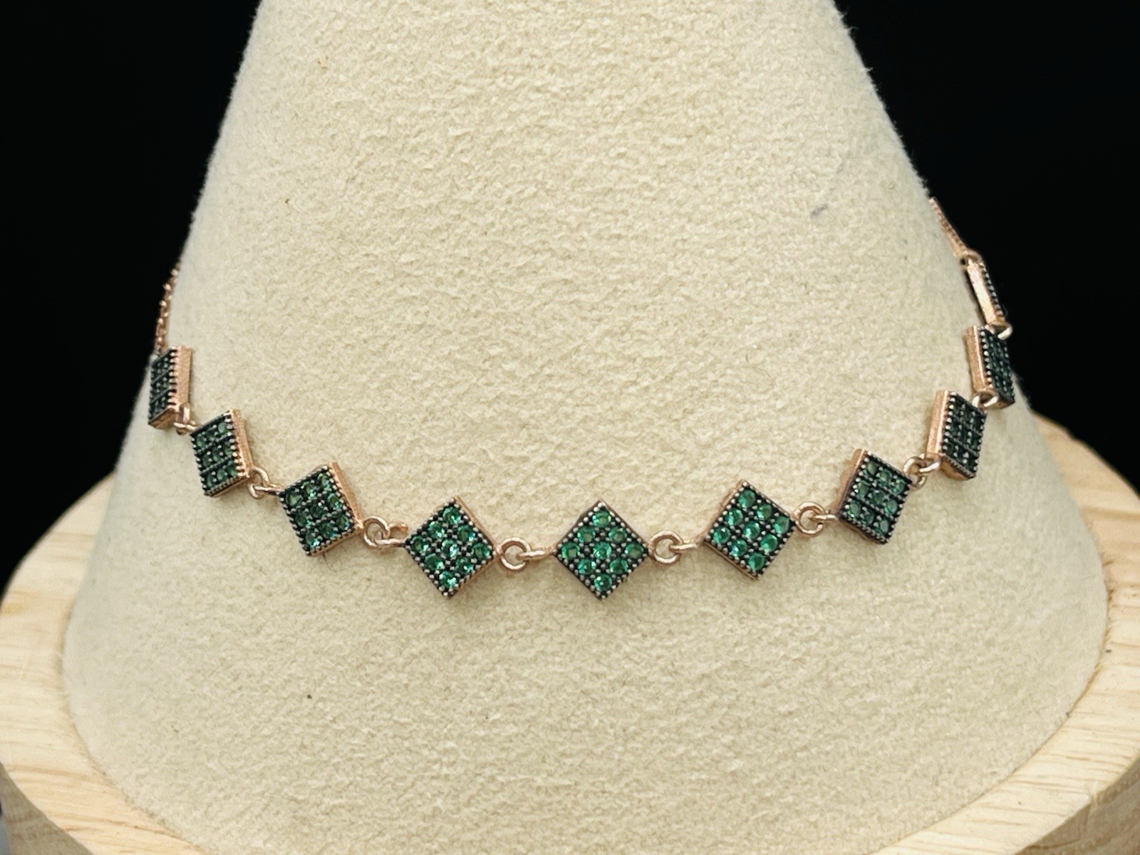 Green Stone Lozenge Geometric Station Bracelet Rose Gold On Sterling Adjustable