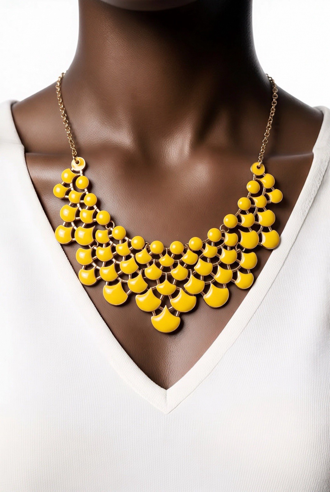 Yellow Statement Bib Necklace, No Stone Metal, Cable Chain, Fashion Costume