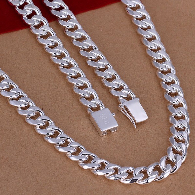 10mm Heavy 925 Silver Plated Cuban Link Necklace 22″ 55cm Men Women Curb Chain
