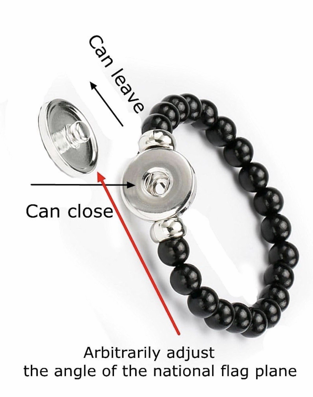 Black Adjustable Beaded Bracelet Snap Closure Round Flag Dangle Charm USA 6 pack