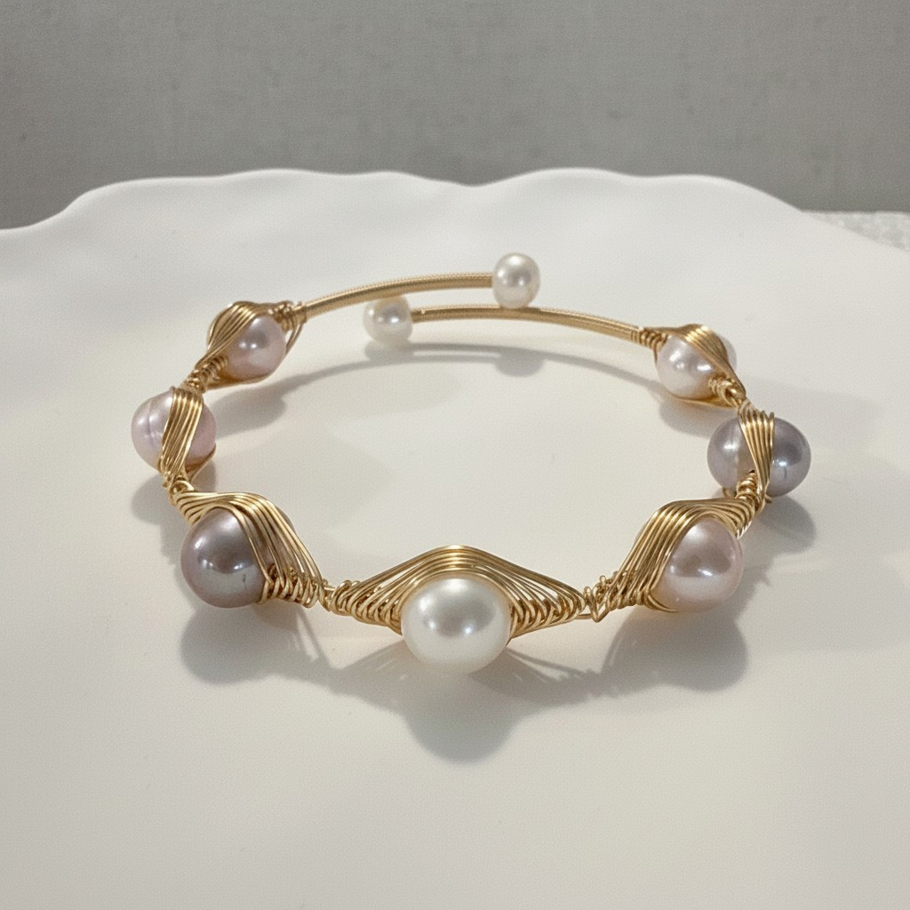Natural Freshwater Pearl Wire Wrapped Open Cuff Bracelet Gold Plated Handmade