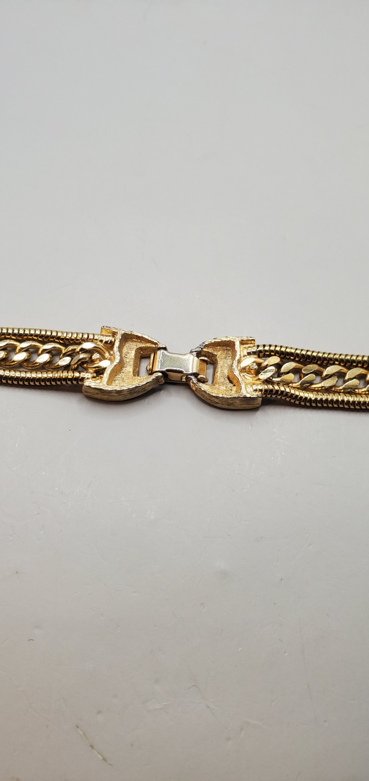 Vintage 3 Strand Curb & Snake Chain Gold Tone Layered Necklace Fold Over Clasp