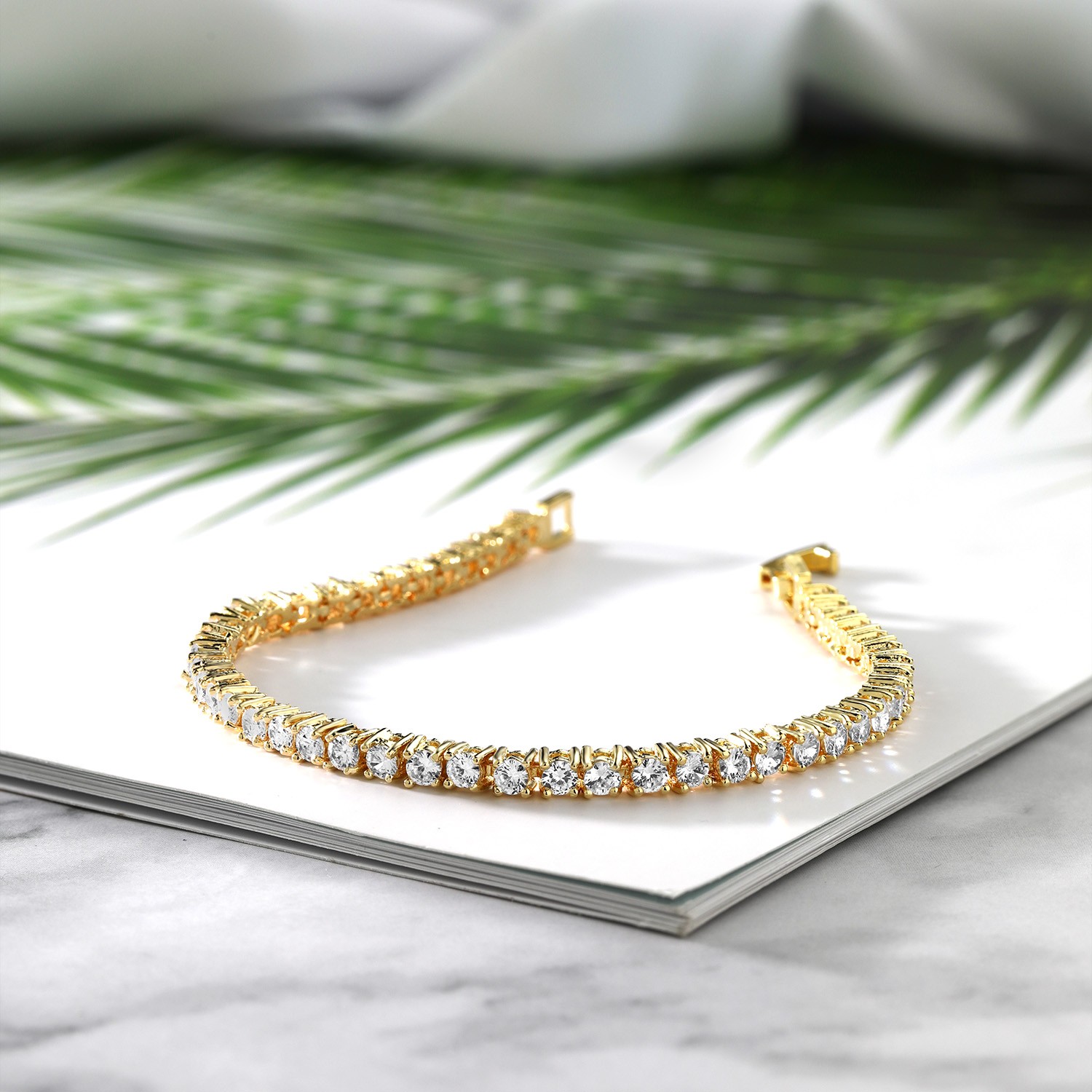 14K Yellow Gold Plated AAA CZ Cubic Zirconia Classic Tennis Bracelet For Women
