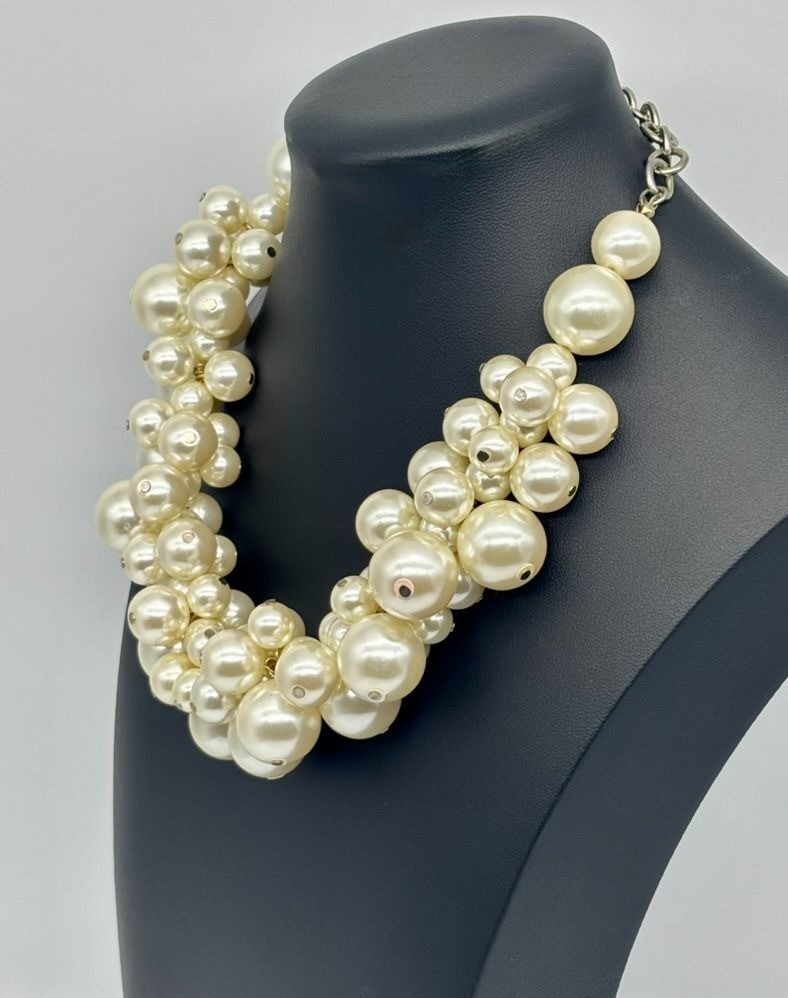 Faux Pearls Cluster Statement Collar Necklace Cream Silver-Tone Adjustable Clasp