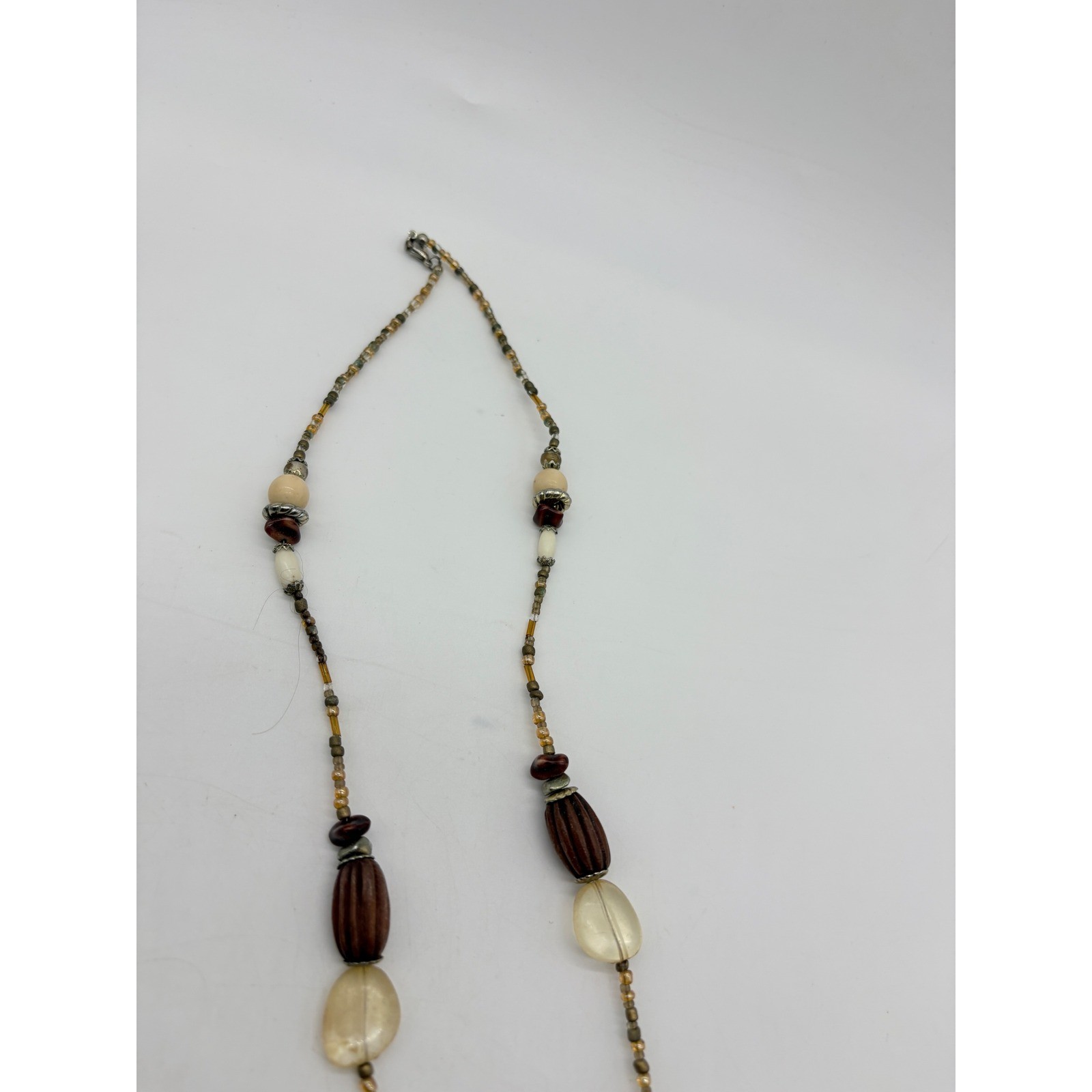 Bohemian Long Beaded Necklace Brown Cream Earthy Tones Mixed Media 36 Inch