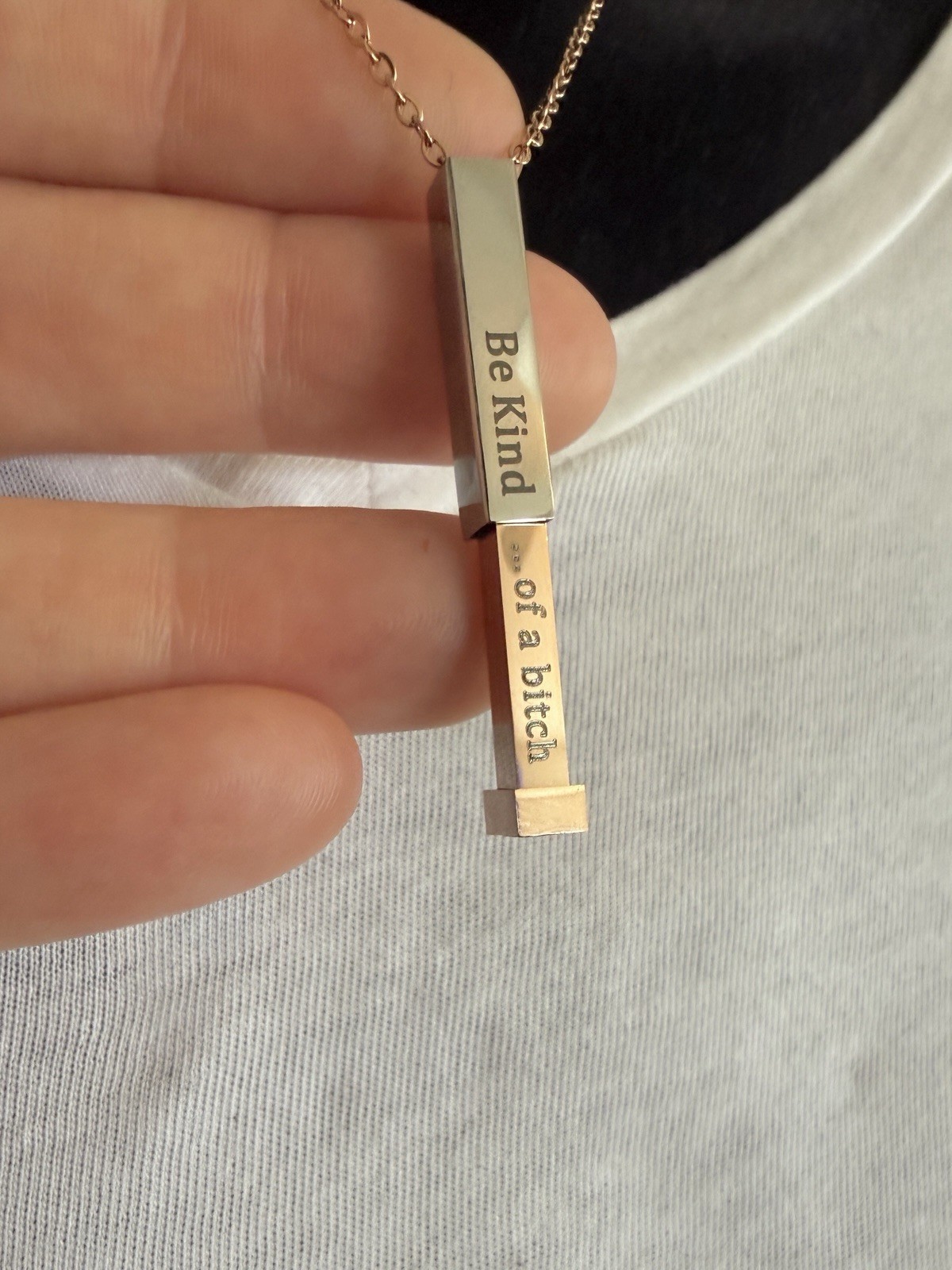 “Be Kind”…”of a bitch” Rose Gold & Silver Bar Hidden Message Pendant Necklace