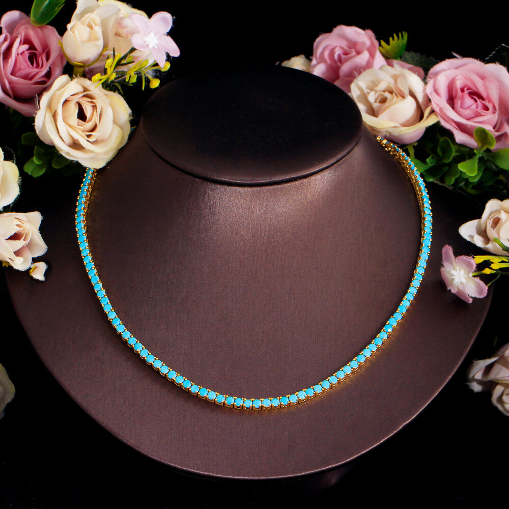 Yellow Gold Plated 3mm Round Turquoises Tennis Chain Choker Necklace for Women
