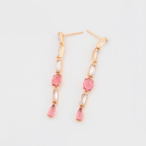 Gold Plated Pink & White Crystal Drop Earrings Long Dangle Brass Women’s Jewelry