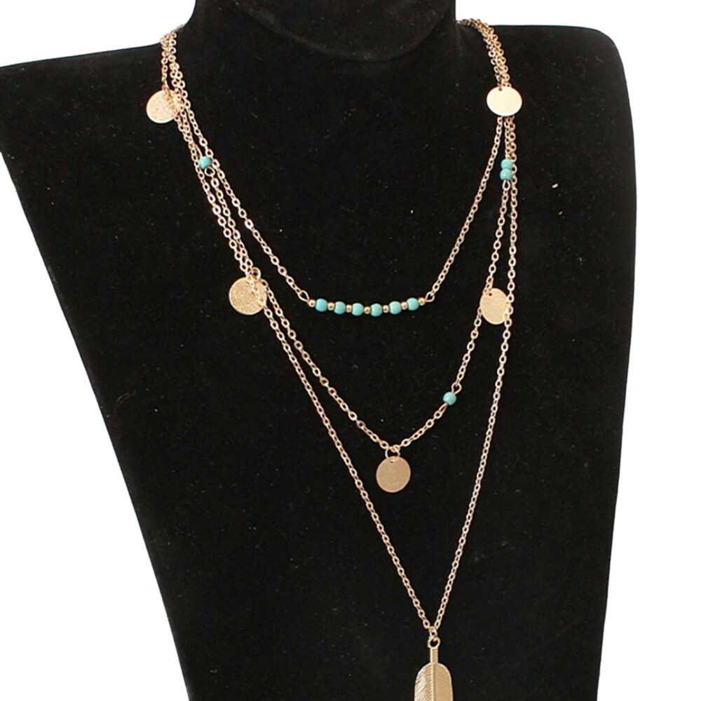 Gold Color Chain Necklace Womens Ladies Feather Pendant Glossy Jewelry Necklace